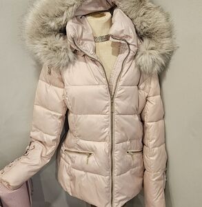 KENSIE POWDER PINK PUFFER JACKET WITH FAUX FUR HOOD